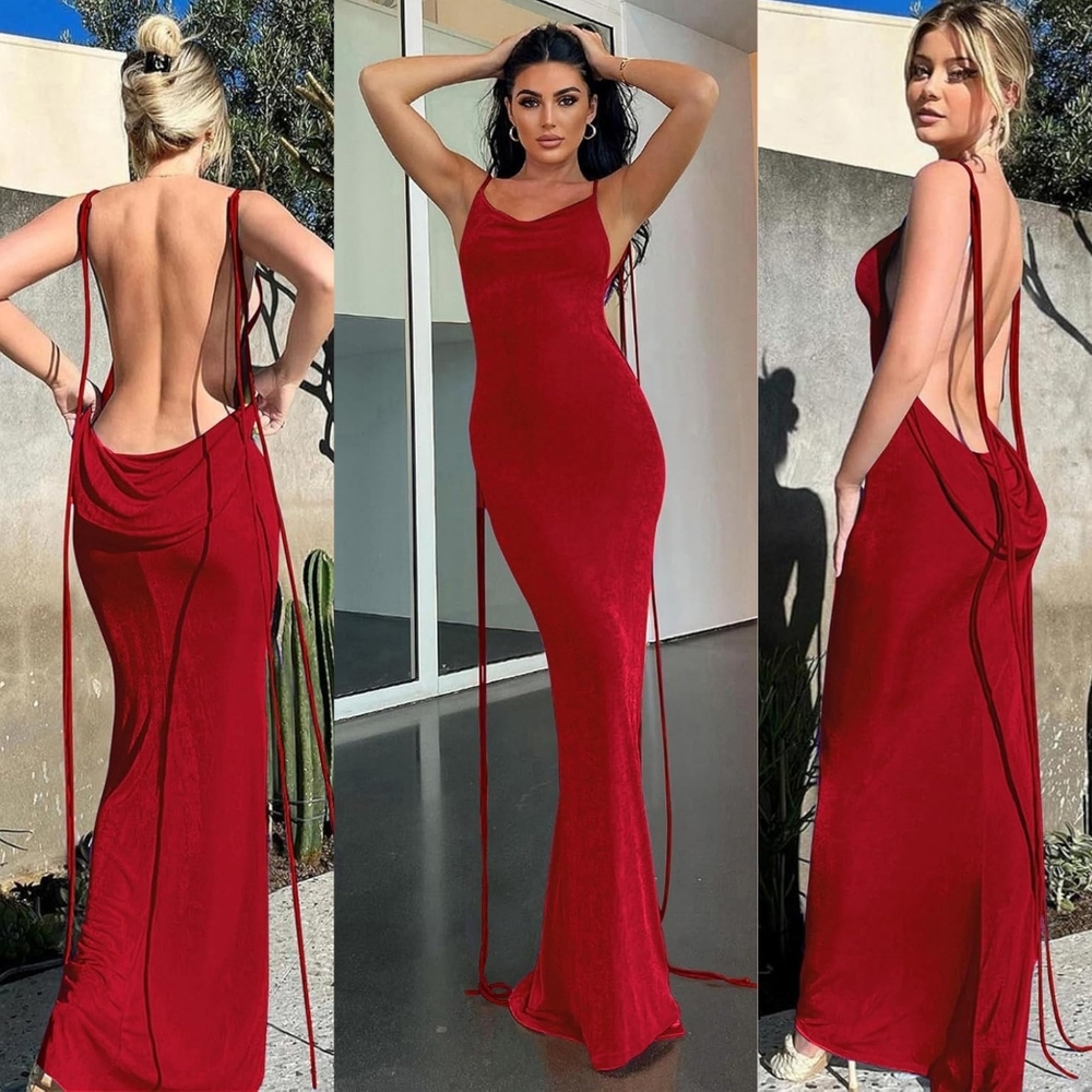 Elegant Red Backless Maxi Dress, Sexy Summer Maxi Dress – Backless Cowl Neck